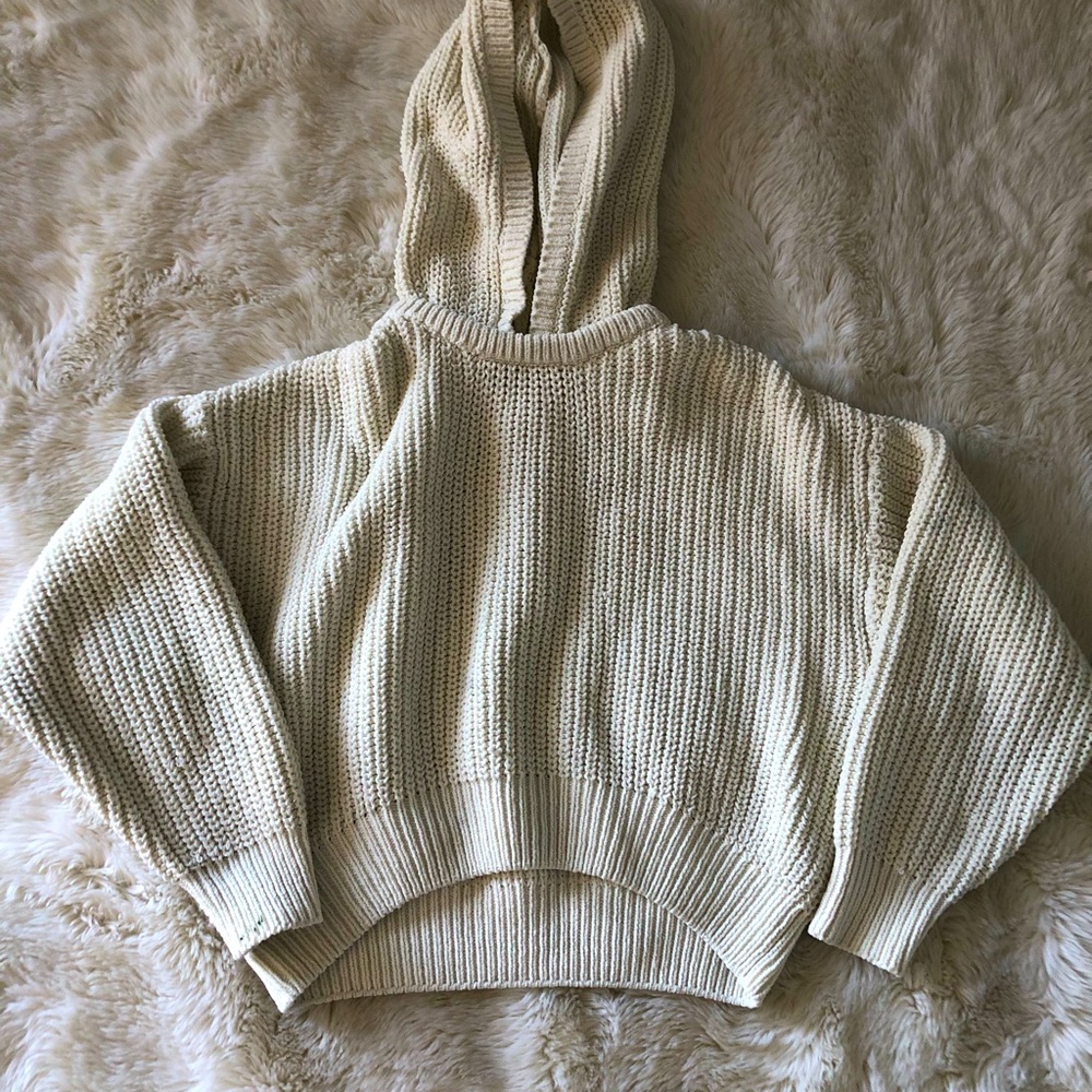 cream hooded chunky knit sweater